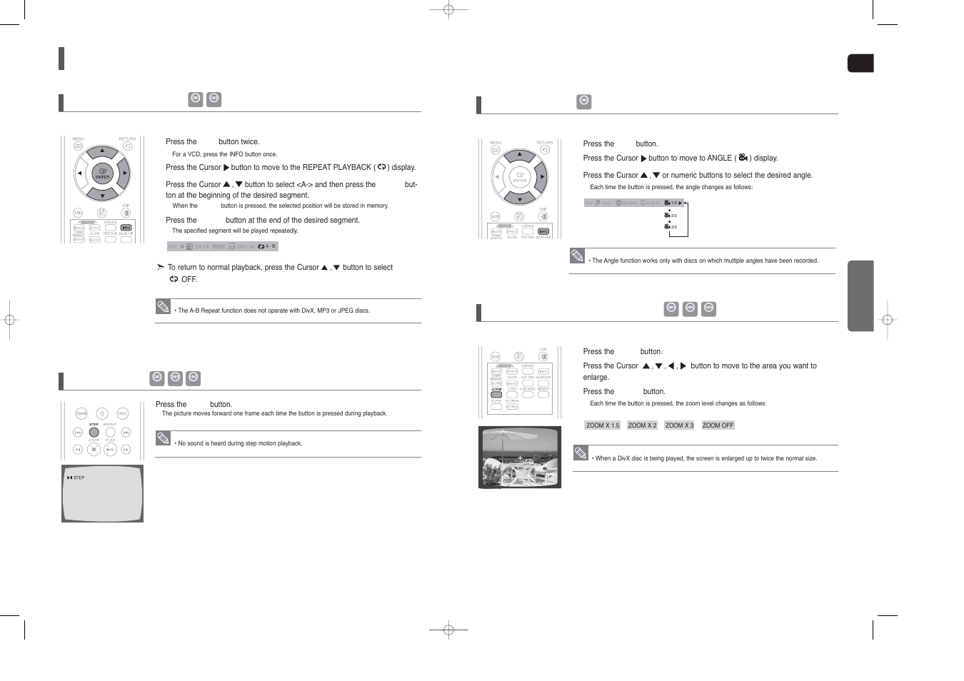 Using the playback function, Con’t), A-b repeat playback | Step function, Angle function, Zoom (screen enlarge) function | Samsung HT-TX250  EN User Manual | Page 19 / 35