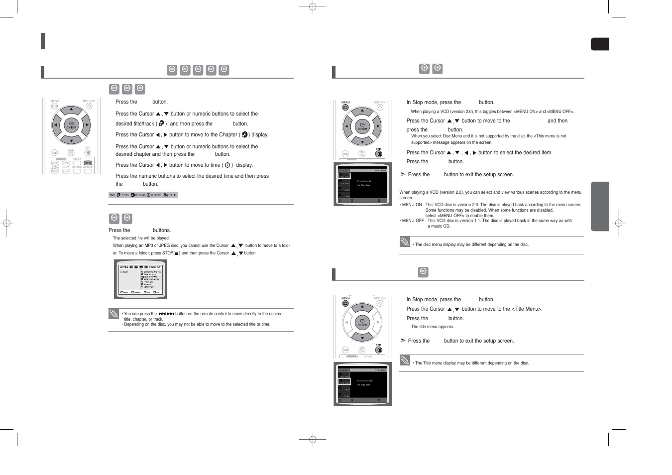 Using the playback function, Con’t), Moving directly to a scene/song 1 | Using the disc menu using the title menu | Samsung HT-TX250  EN User Manual | Page 21 / 35