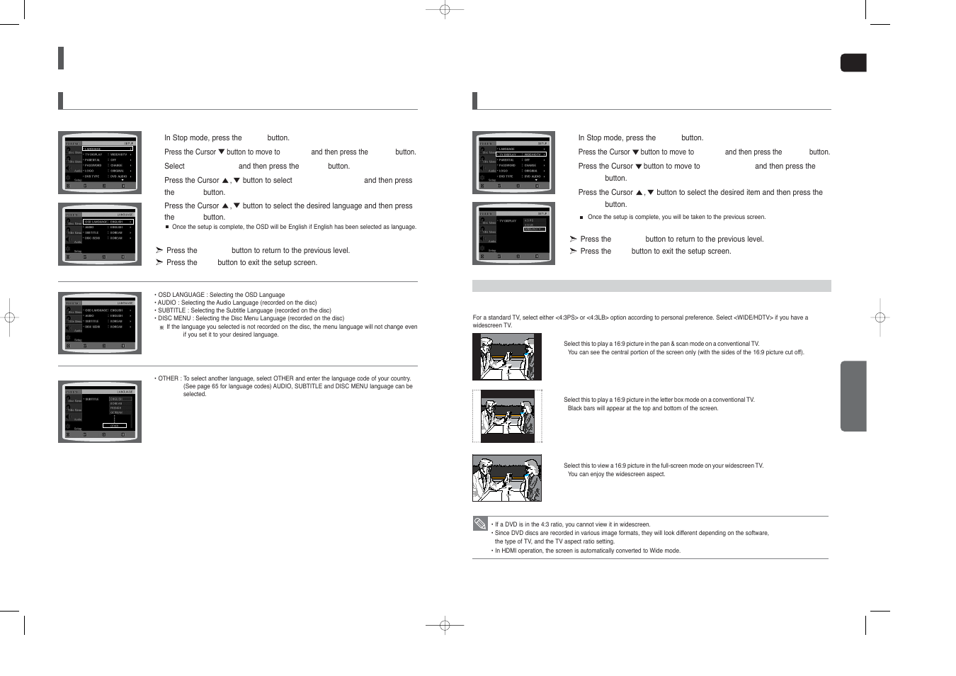 Settings, Setting the language, Setting tv screen type | Samsung HT-TX250  EN User Manual | Page 23 / 35