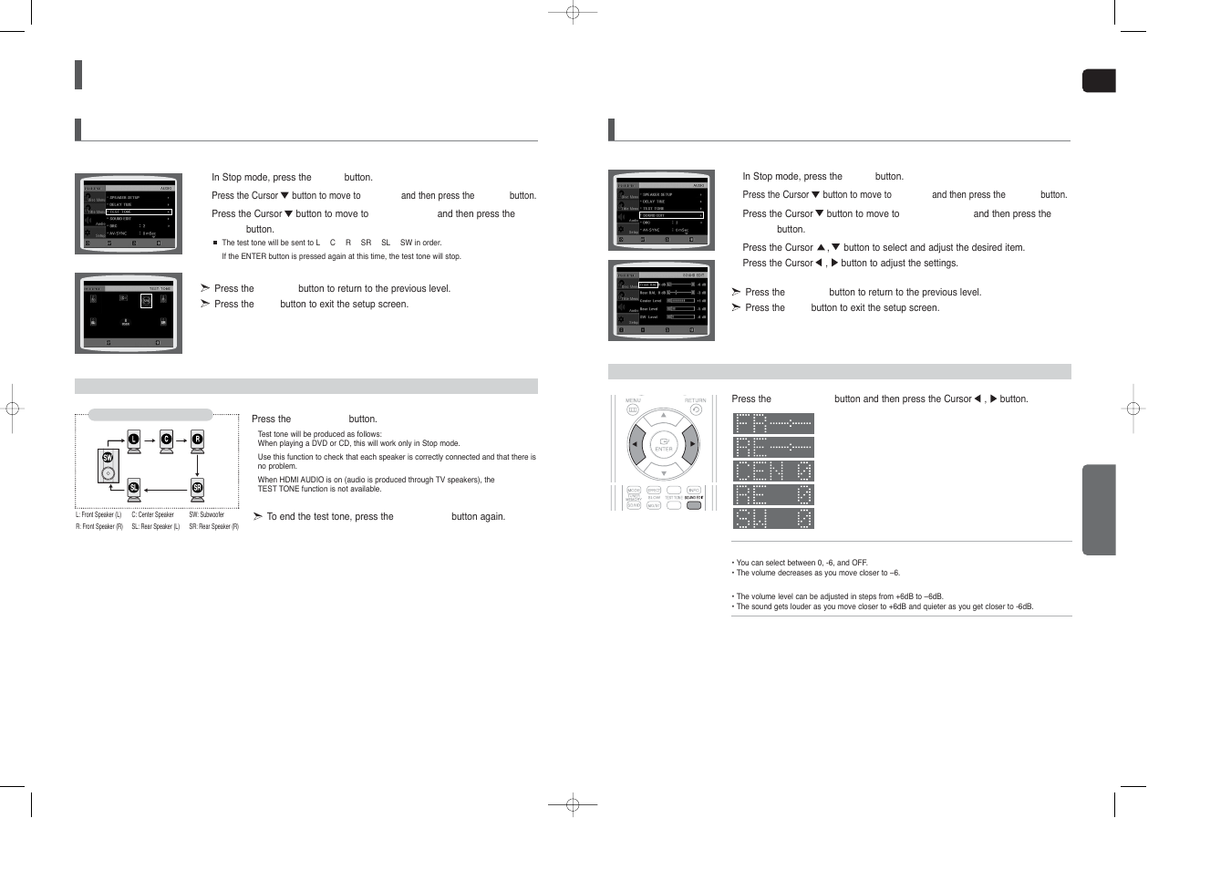 Settings, Con’t), Setting the audio | Setting the test tone | Samsung HT-TX250  EN User Manual | Page 26 / 35