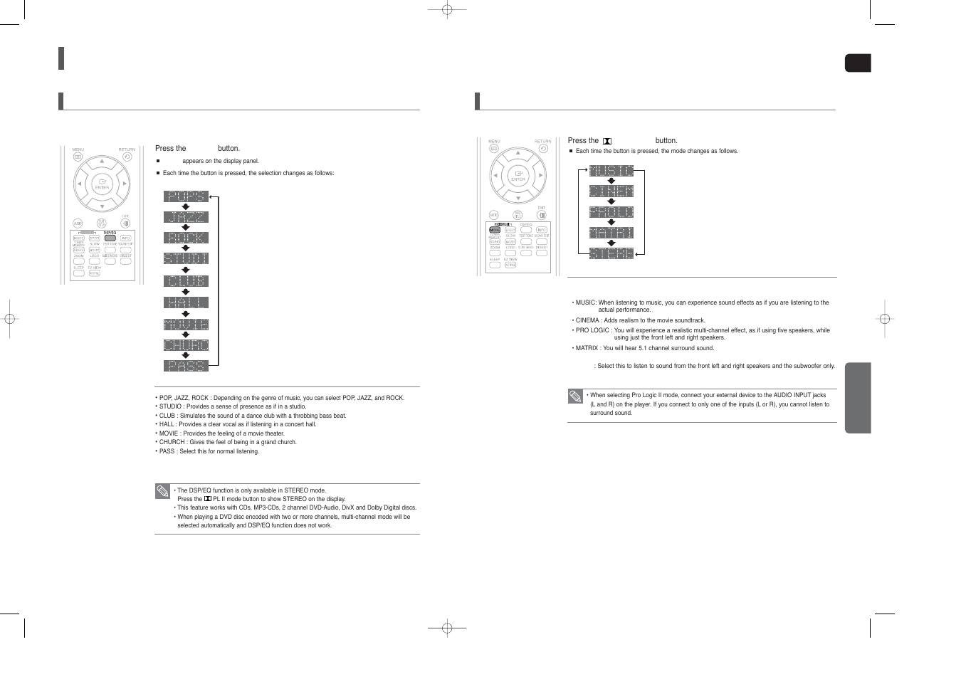 Settings, Con’t), Sound field (dsp)/eq function | Dolby pro logic ii mode | Samsung HT-TX250  EN User Manual | Page 28 / 35