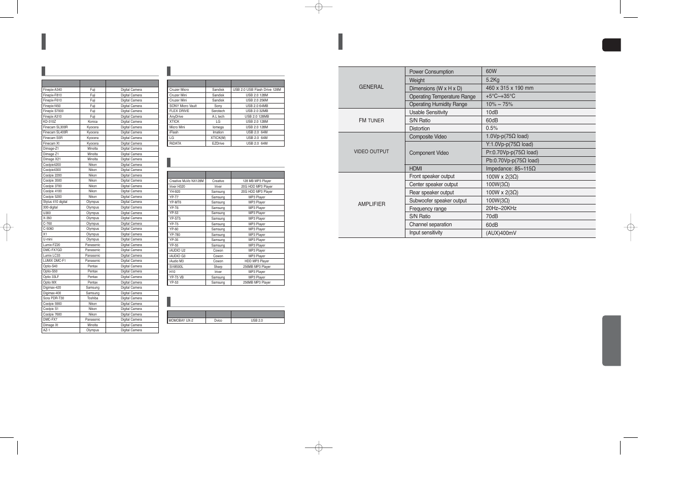 Usb host feature supported products, Specifications, Eng miscellaneous | Digital camera, Usb flash disc, Mp3 player, Usb external hdd | Samsung HT-TX250  EN User Manual | Page 34 / 35