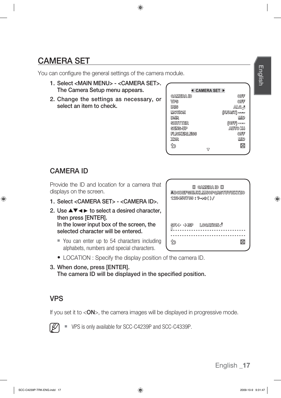 Camera set, Camera id, English _17 | English | Samsung SCC-C4339P User Manual | Page 17 / 36
