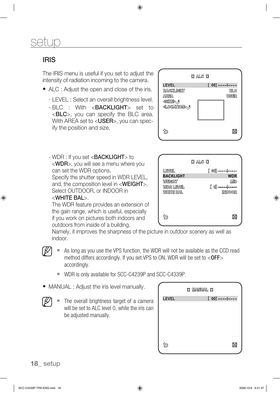 Setup, Iris, 18_ setup | Samsung SCC-C4339P User Manual | Page 18 / 36