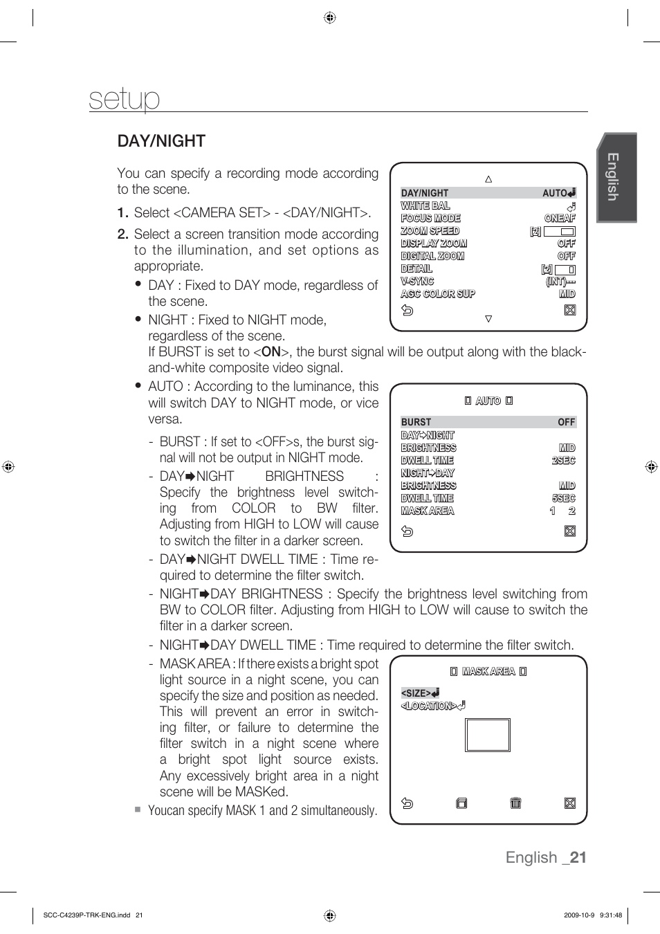 Setup, Day/night, English _21 | English | Samsung SCC-C4339P User Manual | Page 21 / 36