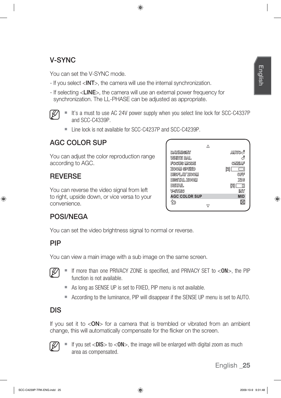 V-sync, Agc color sup, Reverse | Posi/nega, English _25 | Samsung SCC-C4339P User Manual | Page 25 / 36