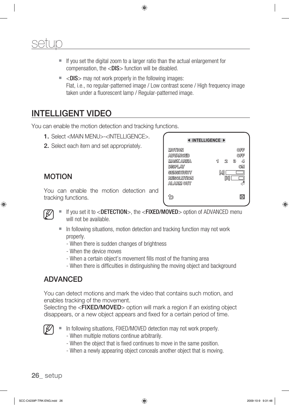 Setup, Intelligent video, Motion | Advanced, 26_ setup | Samsung SCC-C4339P User Manual | Page 26 / 36