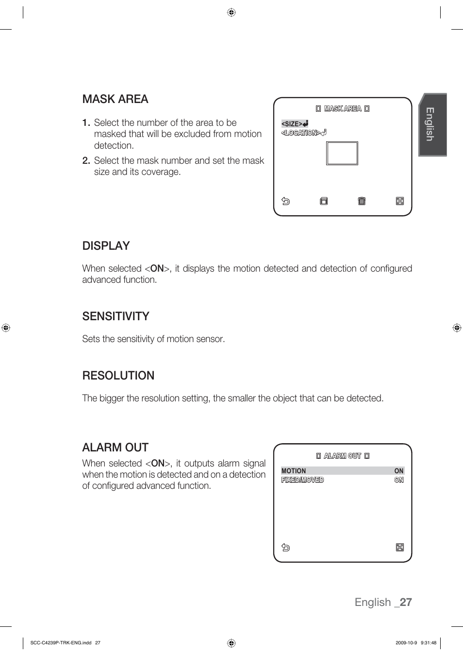 Mask area, Display, Sensitivity | Resolution, Alarm out, English _27 | Samsung SCC-C4339P User Manual | Page 27 / 36