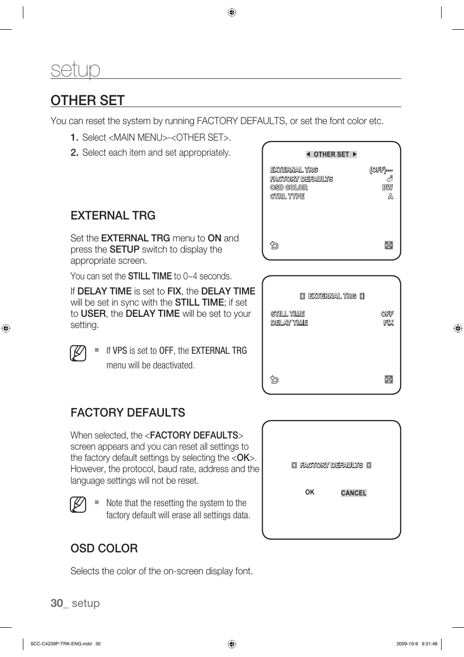 Setup, Other set, External trg | Factory defaults, Osd color, 30_ setup | Samsung SCC-C4339P User Manual | Page 30 / 36