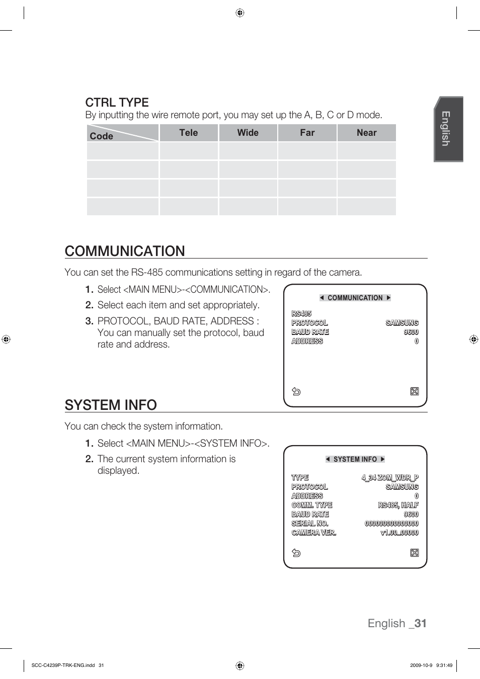 Communication, System info, Ctrl type | English _31, English | Samsung SCC-C4339P User Manual | Page 31 / 36