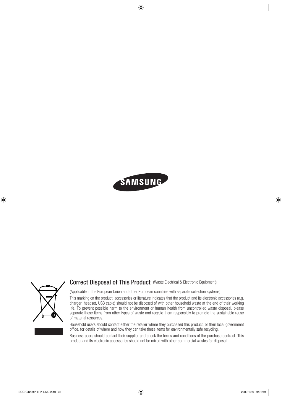 Correct disposal of this product | Samsung SCC-C4339P User Manual | Page 36 / 36