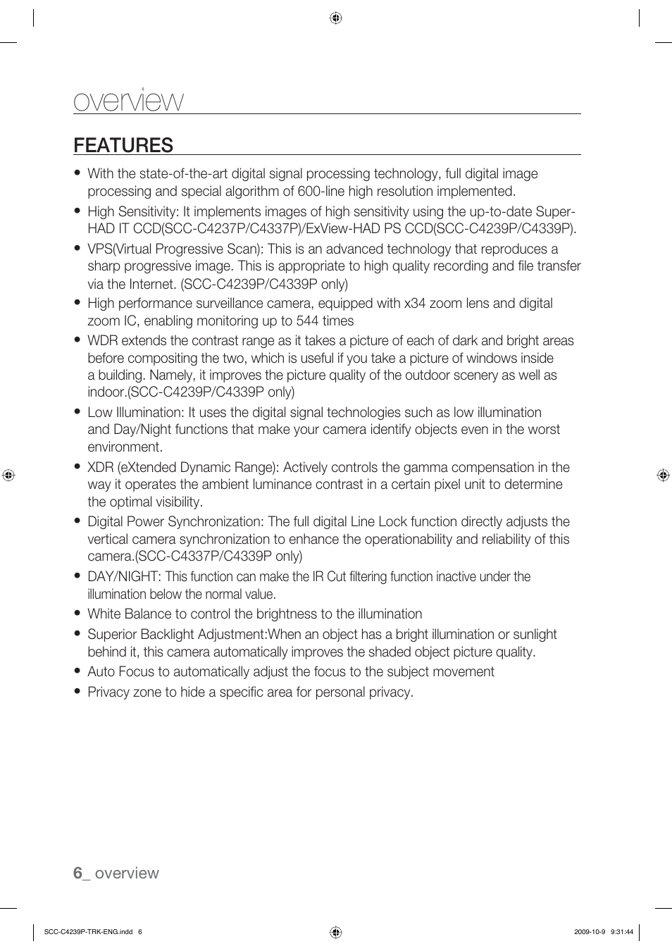 Overview, Features | Samsung SCC-C4339P User Manual | Page 6 / 36