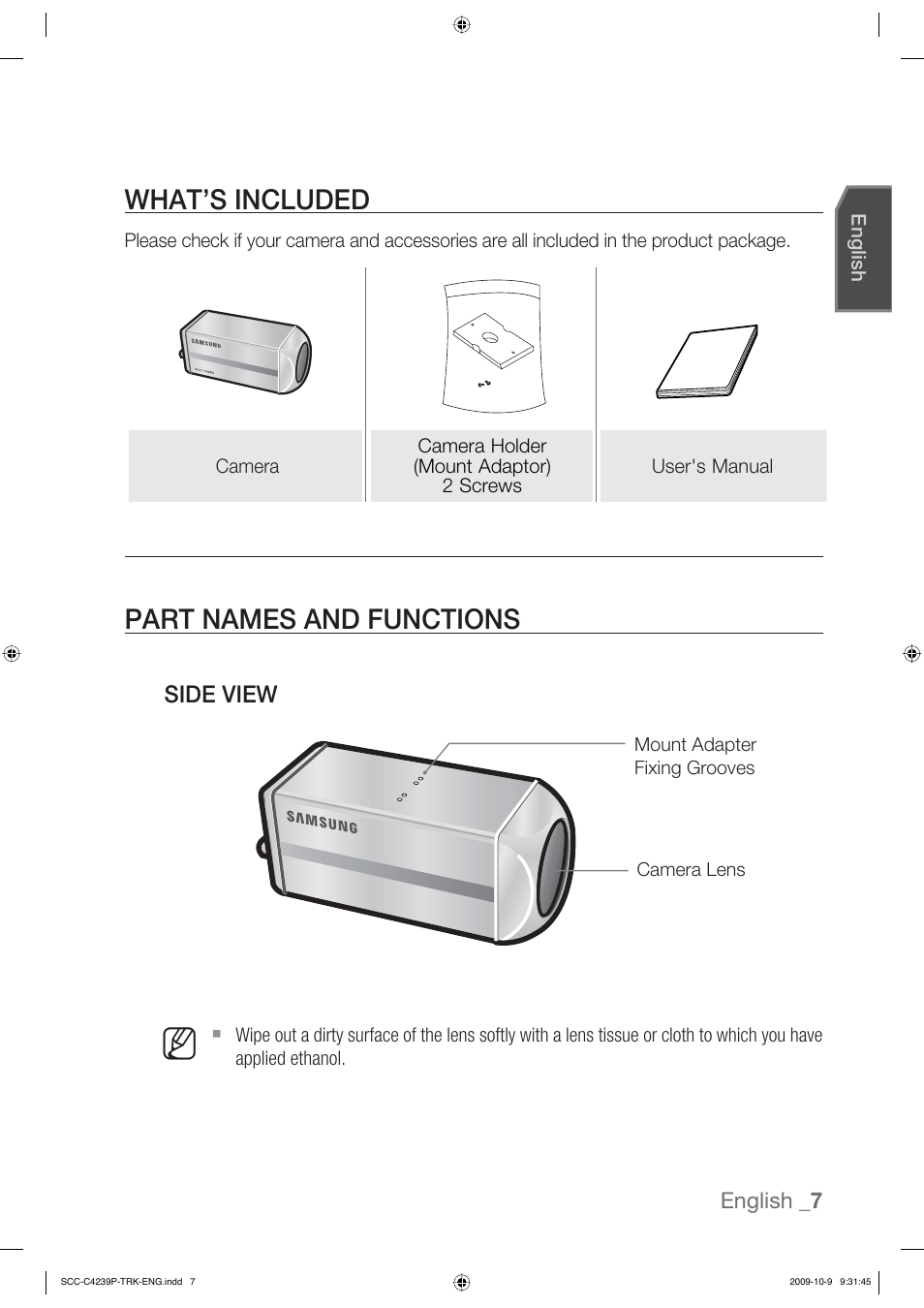 Part names and functions, What’s included, Side view | Samsung SCC-C4339P User Manual | Page 7 / 36