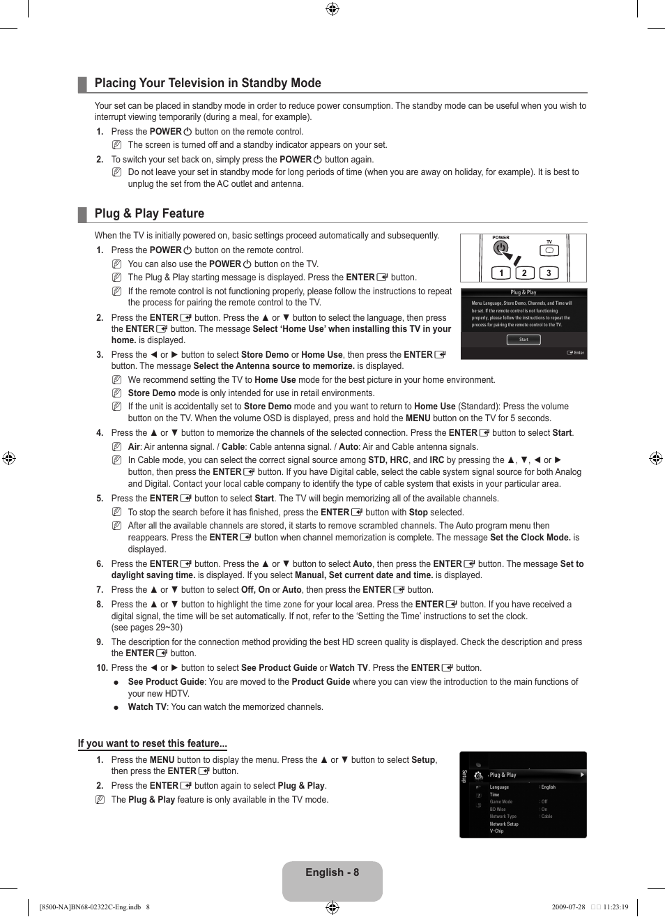 Placing your television in standby mode, Plug & play feature | Samsung 8500 User Manual | Page 10 / 296