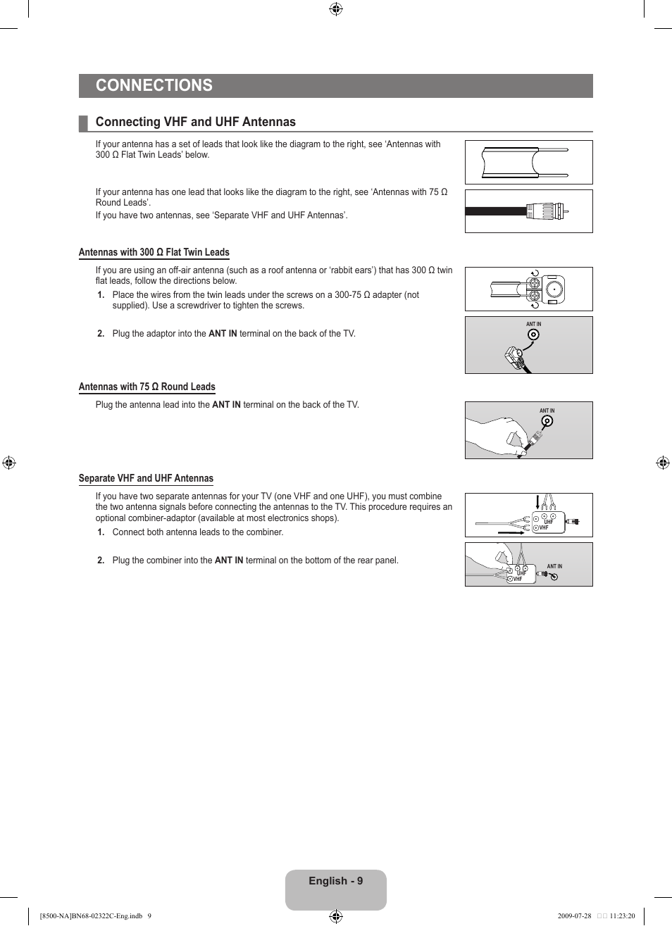 Conections, Connecting vhf and uhf antennas, Connections | Samsung 8500 User Manual | Page 11 / 296