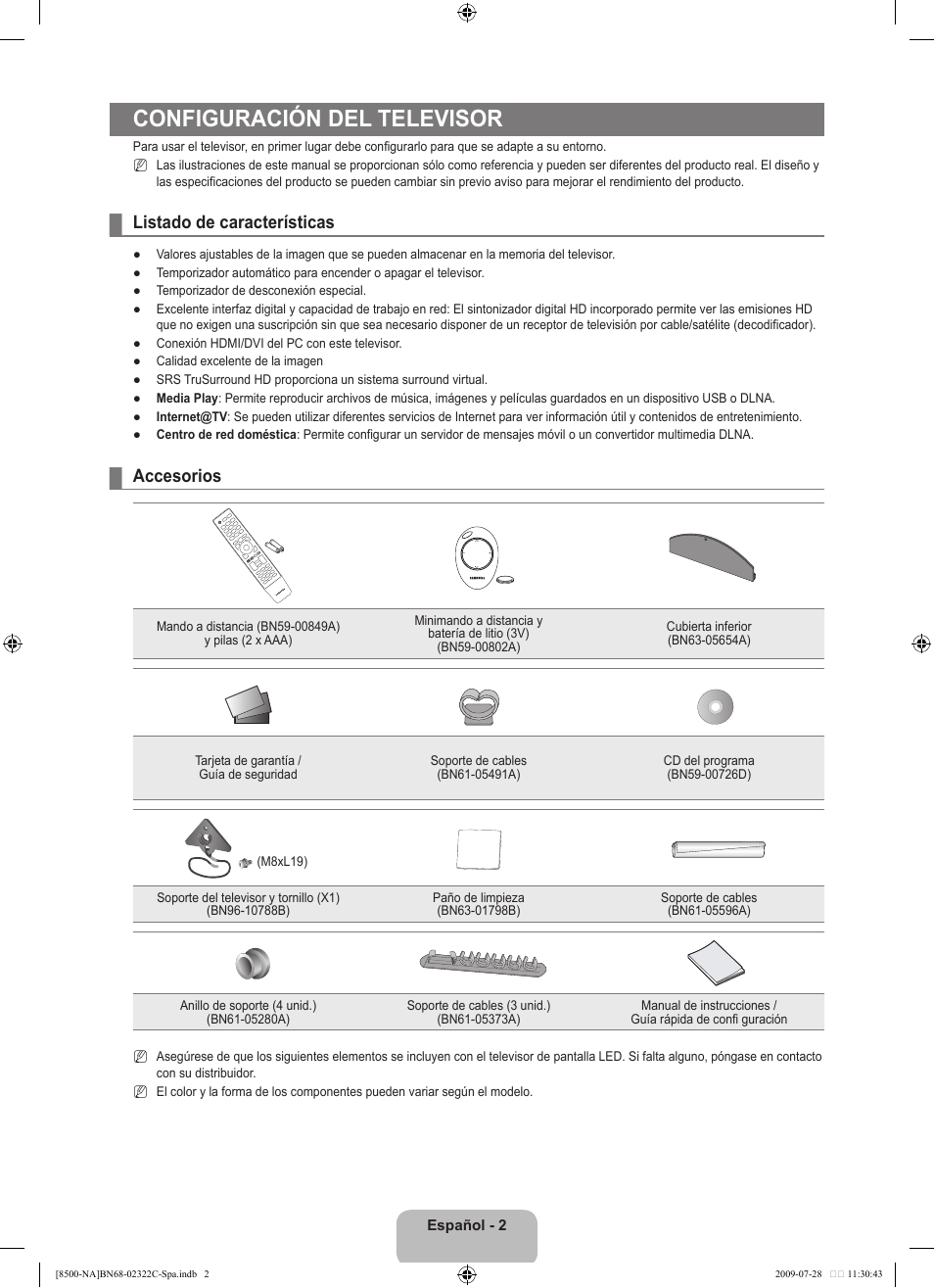 Configuración del televisor, Listado de características, Accesorios | Samsung 8500 User Manual | Page 111 / 296