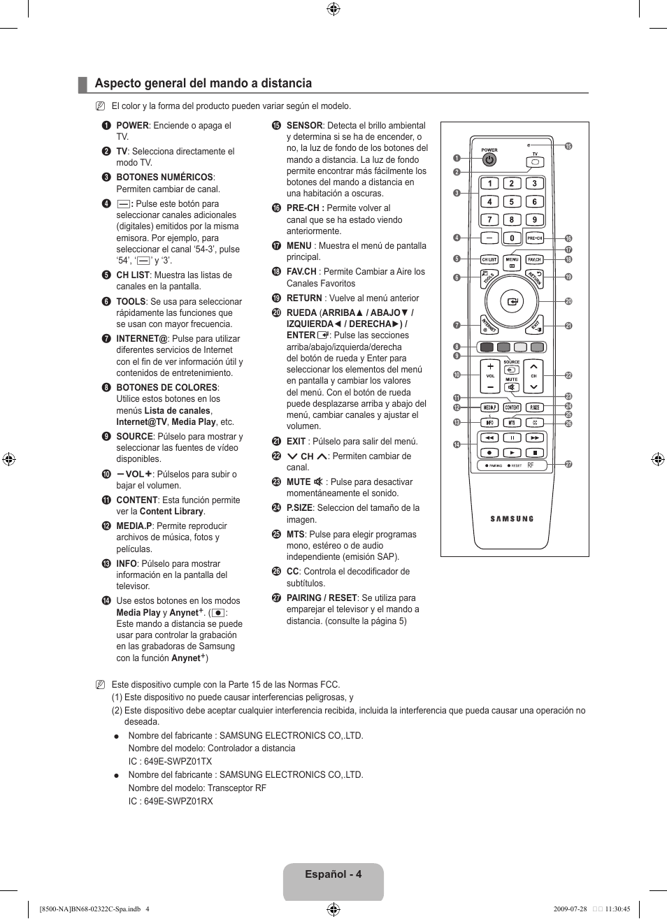 Aspecto general del mando a distancia | Samsung 8500 User Manual | Page 113 / 296