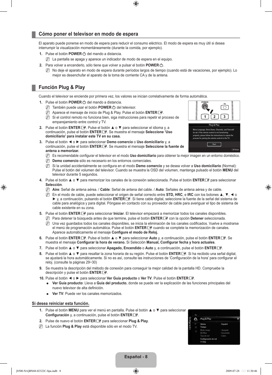 Cómo poner el televisor en modo de espera, Función plug & play | Samsung 8500 User Manual | Page 117 / 296