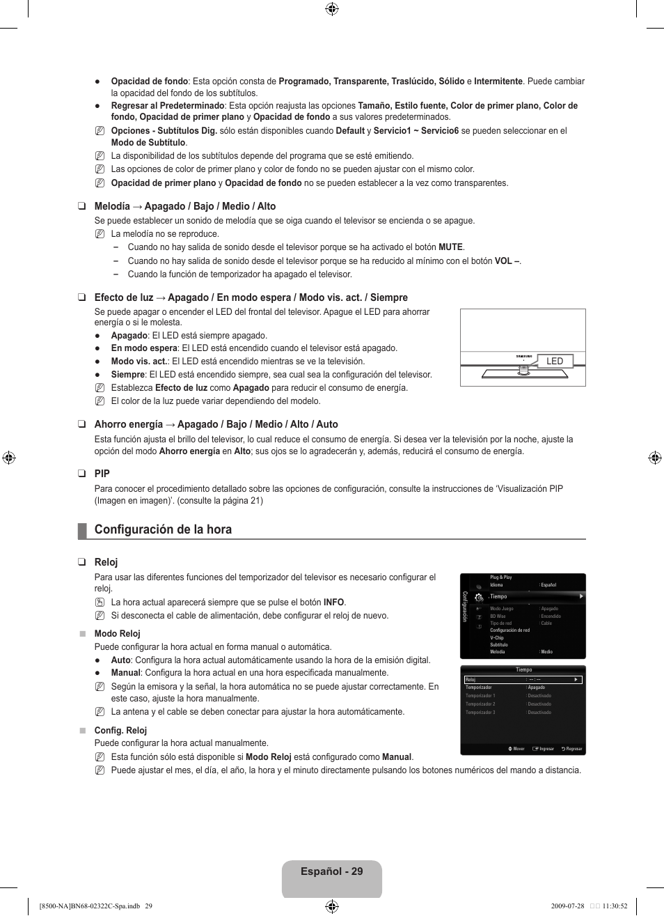 Configuración de la hora, Español - 29, Melodía → apagado / bajo / medio / alto | Reloj | Samsung 8500 User Manual | Page 138 / 296