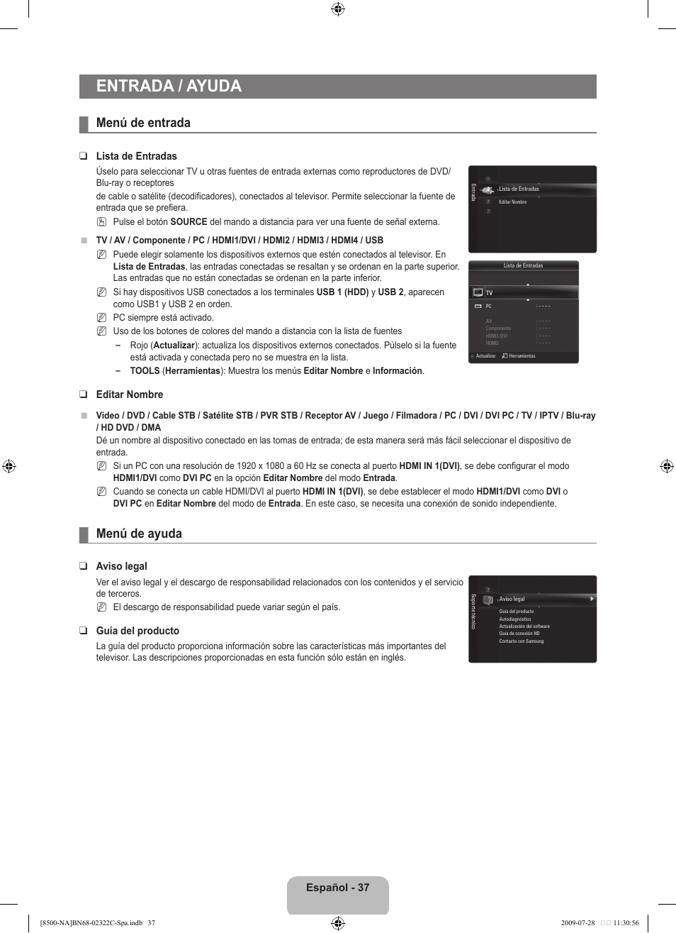 Entrada / ayuda, Menú de entrada, Menú de ayuda | Samsung 8500 User Manual | Page 146 / 296