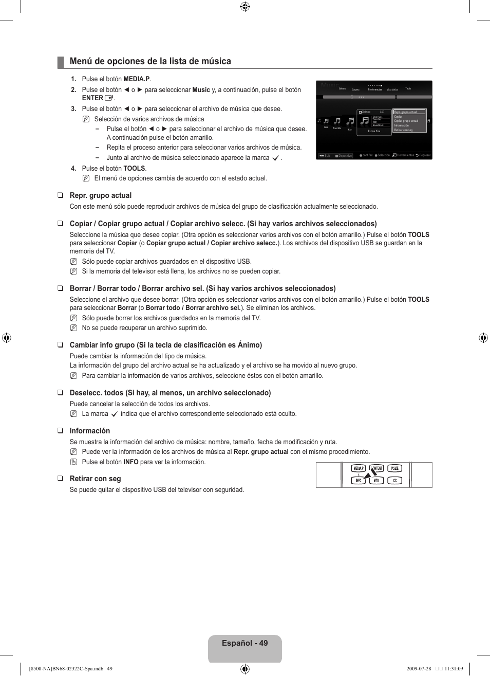 Menú de opciones de la lista de música, Español - 49, Repr. grupo actual | Información, Retirar con seg | Samsung 8500 User Manual | Page 158 / 296