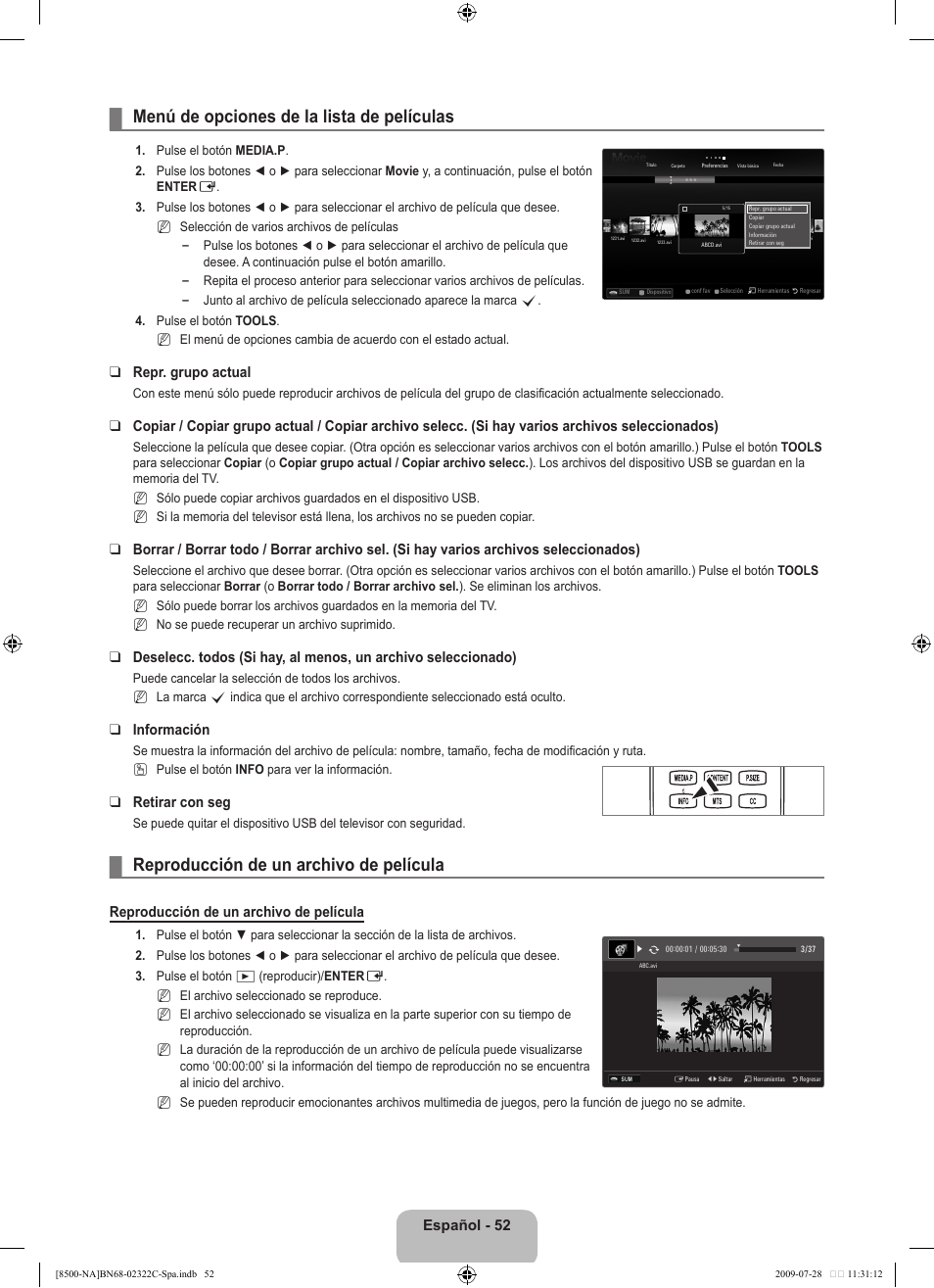 Menú de opciones de la lista de películas, Reproducción de un archivo de película, Español - 2 | Repr. grupo actual, Información, Retirar con seg | Samsung 8500 User Manual | Page 161 / 296