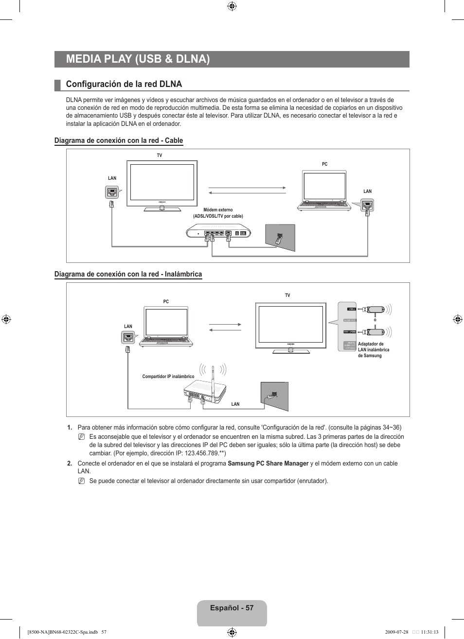 Media play (usb & dlna), Configuración de la red dlna | Samsung 8500 User Manual | Page 166 / 296