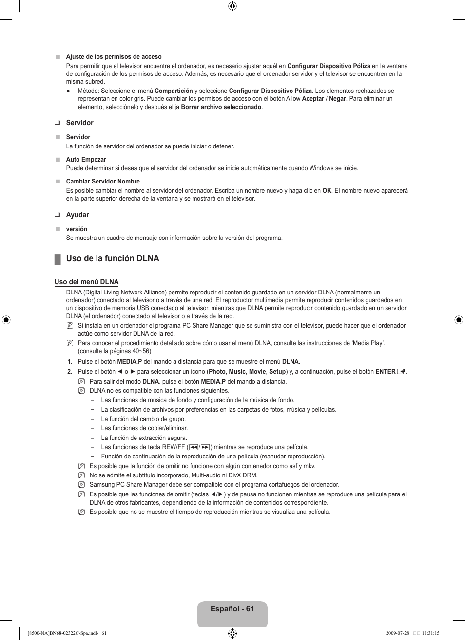 Uso de la función dlna | Samsung 8500 User Manual | Page 170 / 296