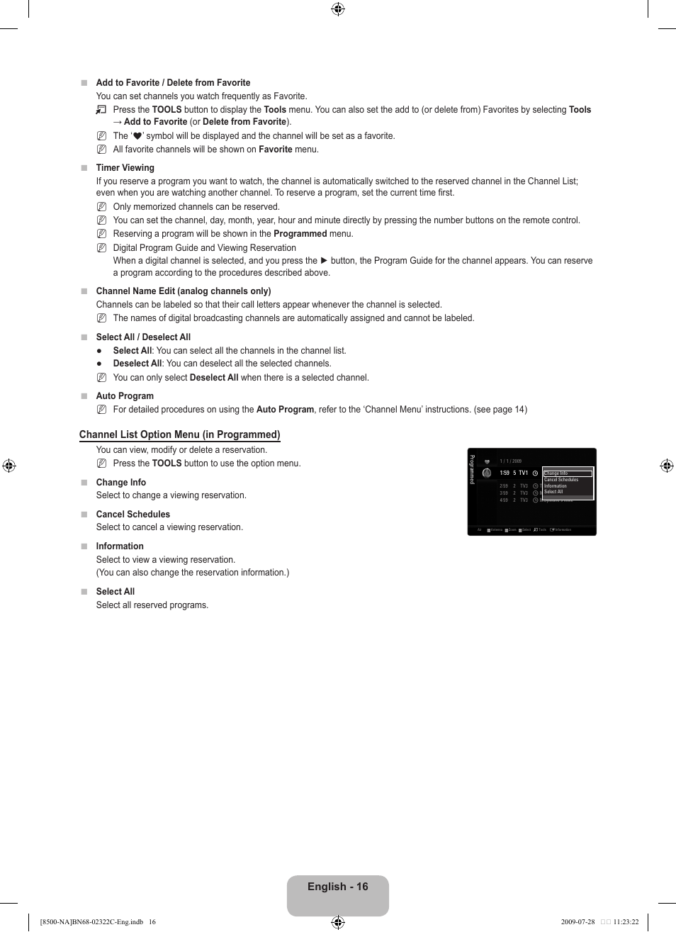 English - 16, Channel list option menu (in programmed) | Samsung 8500 User Manual | Page 18 / 296