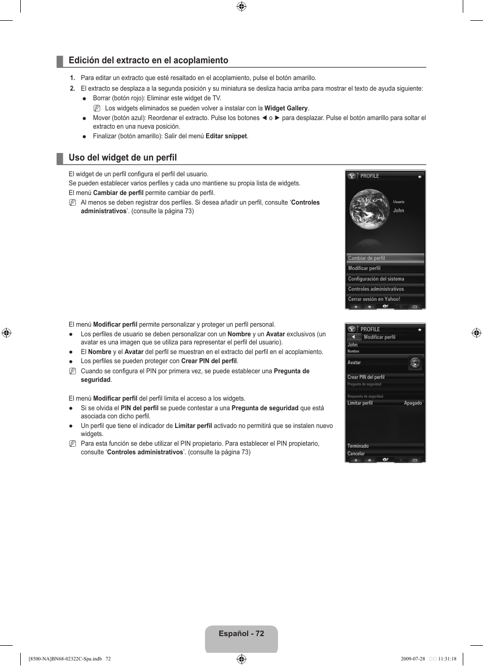 Edición del extracto en el acoplamiento, Uso del widget de un perfil | Samsung 8500 User Manual | Page 181 / 296