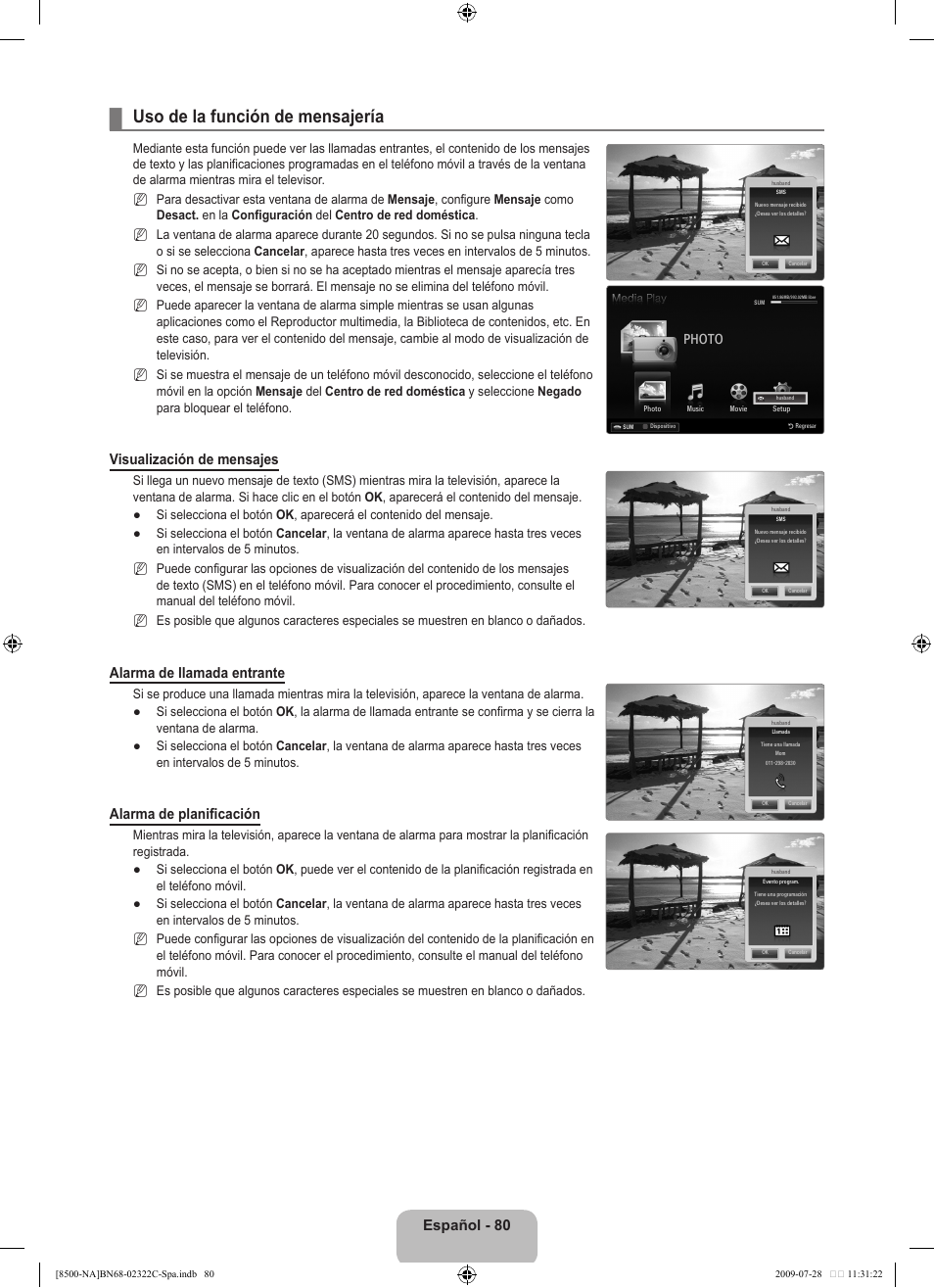 Uso de la función de mensajería, Español - 80, Visualización de mensajes | Alarma de llamada entrante, Alarma de planificación | Samsung 8500 User Manual | Page 189 / 296