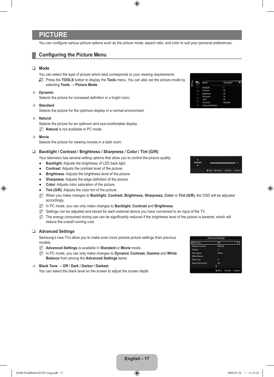 Picture, Configuring the picture menu, English - 17 | Mode, Advanced settings | Samsung 8500 User Manual | Page 19 / 296