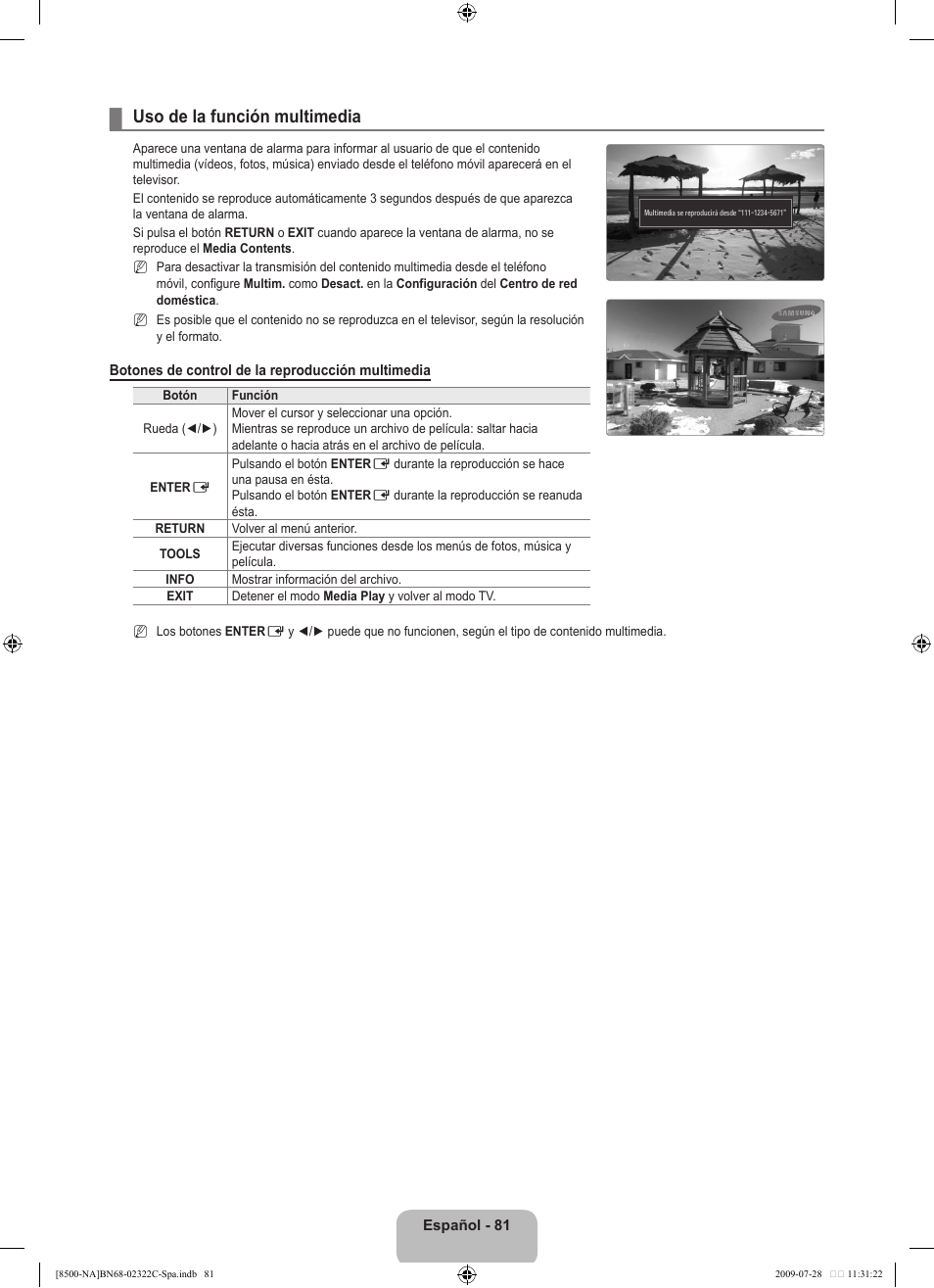 Uso de la función multimedia | Samsung 8500 User Manual | Page 190 / 296