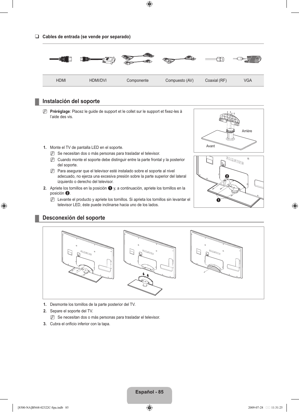 Instalación del soporte, Desconexión del soporte | Samsung 8500 User Manual | Page 194 / 296