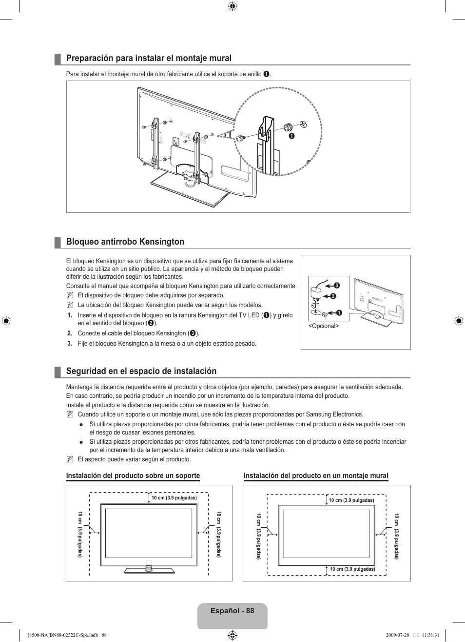 Preparación para instalar el montaje mural, Bloqueo antirrobo kensington, Seguridad en el espacio de instalación | Samsung 8500 User Manual | Page 197 / 296