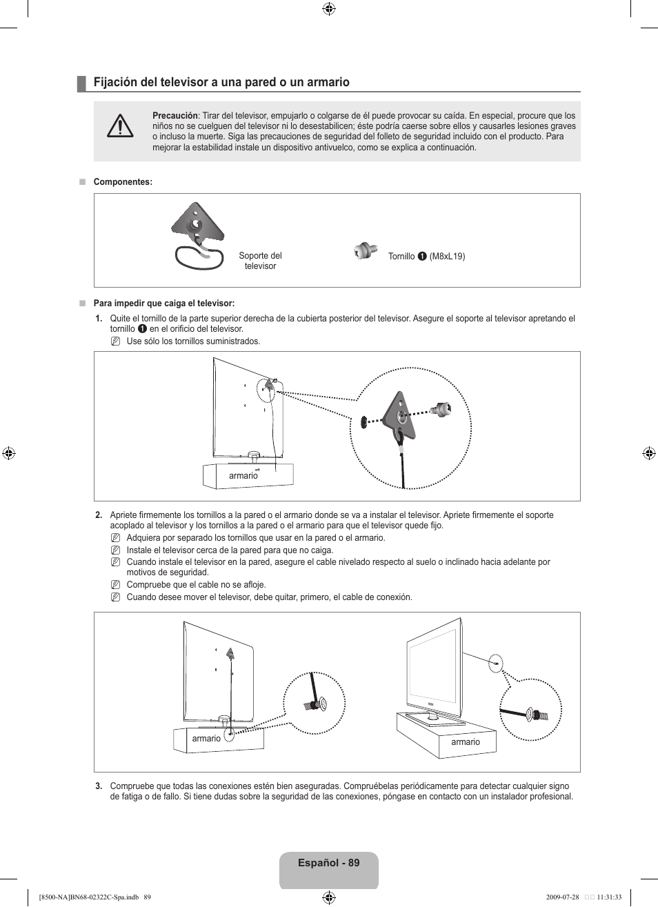Fijación del televisor a una pared o un armario | Samsung 8500 User Manual | Page 198 / 296