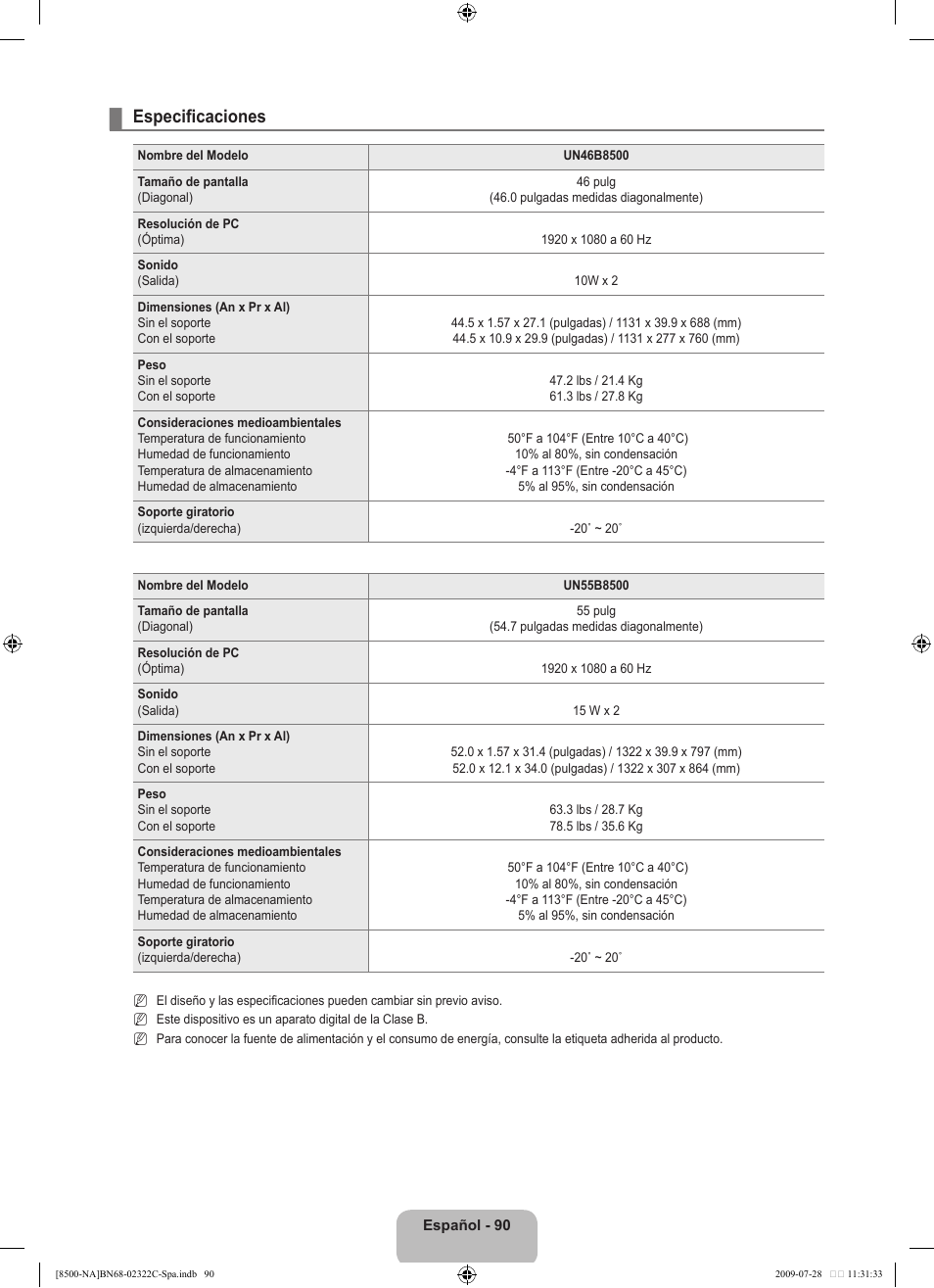 Especificaciones | Samsung 8500 User Manual | Page 199 / 296