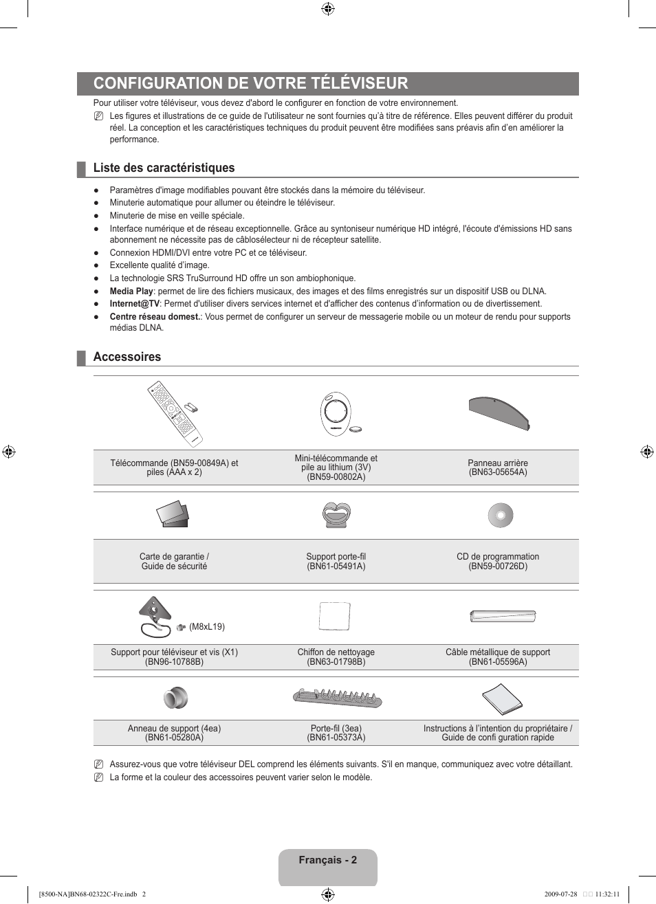 Configuration de votre téléviseur, Liste des caractéristiques, Accessoires | Samsung 8500 User Manual | Page 206 / 296