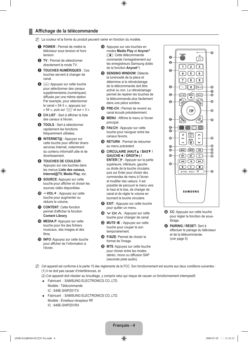Affichage de la télécommande | Samsung 8500 User Manual | Page 208 / 296