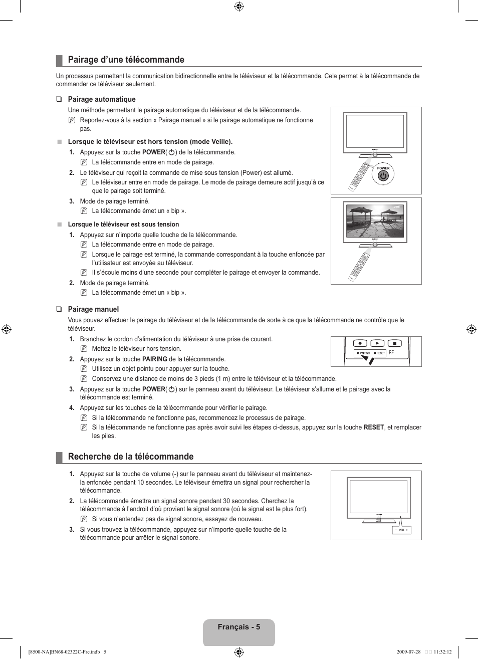 Pairage d’une télécommande, Recherche de la télécommande | Samsung 8500 User Manual | Page 209 / 296