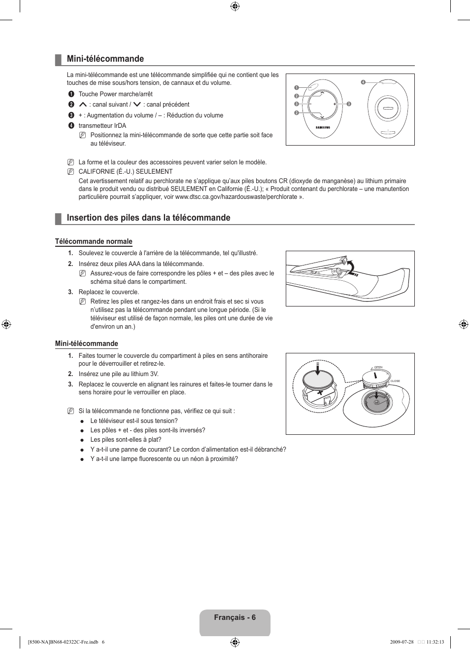 Mini-télécommande, Insertion des piles dans la télécommande | Samsung 8500 User Manual | Page 210 / 296