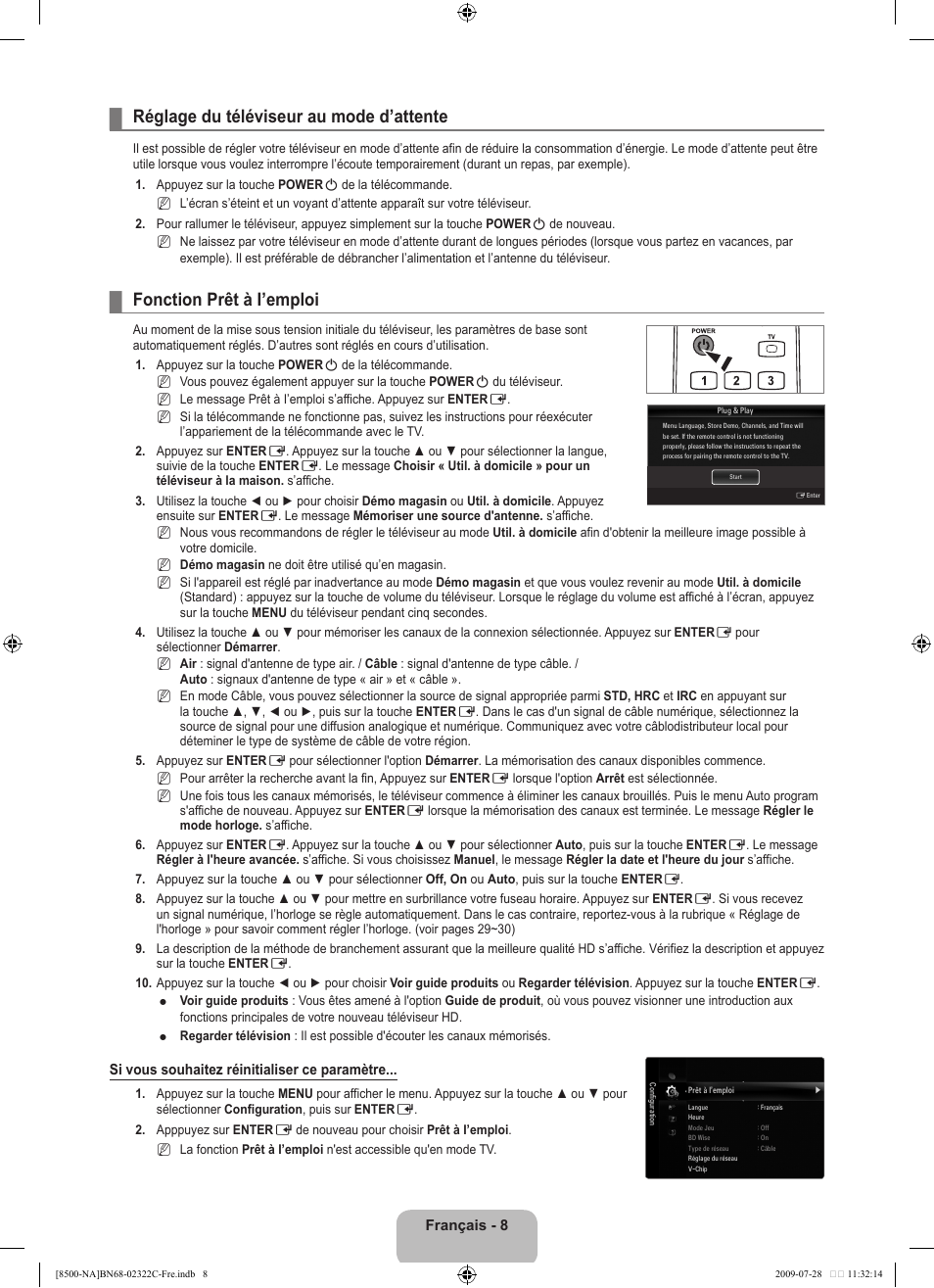 Réglage du téléviseur au mode d’attente, Fonction prêt à i’emploi | Samsung 8500 User Manual | Page 212 / 296