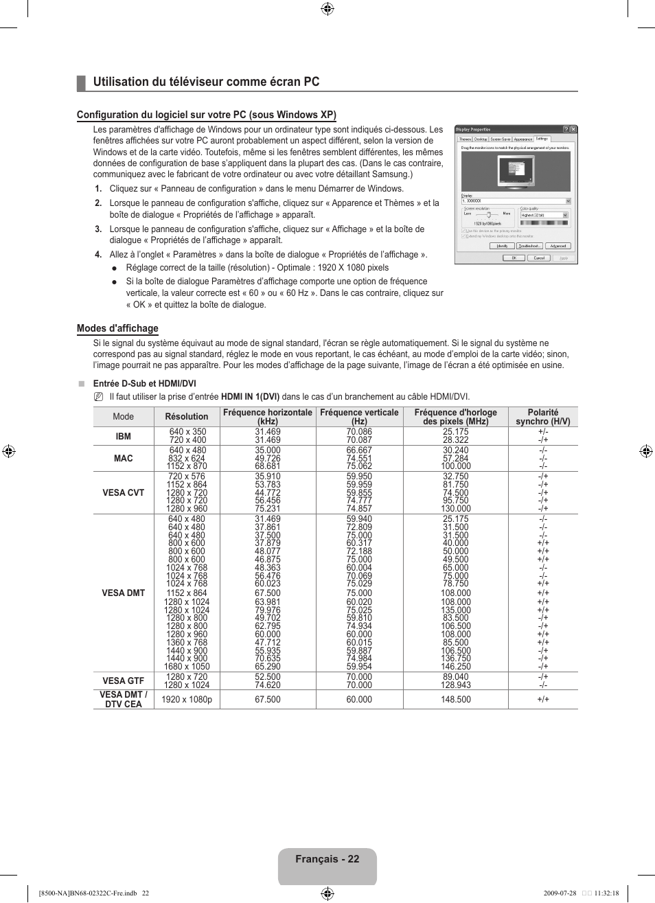 Utilisation du téléviseur comme écran pc | Samsung 8500 User Manual | Page 226 / 296