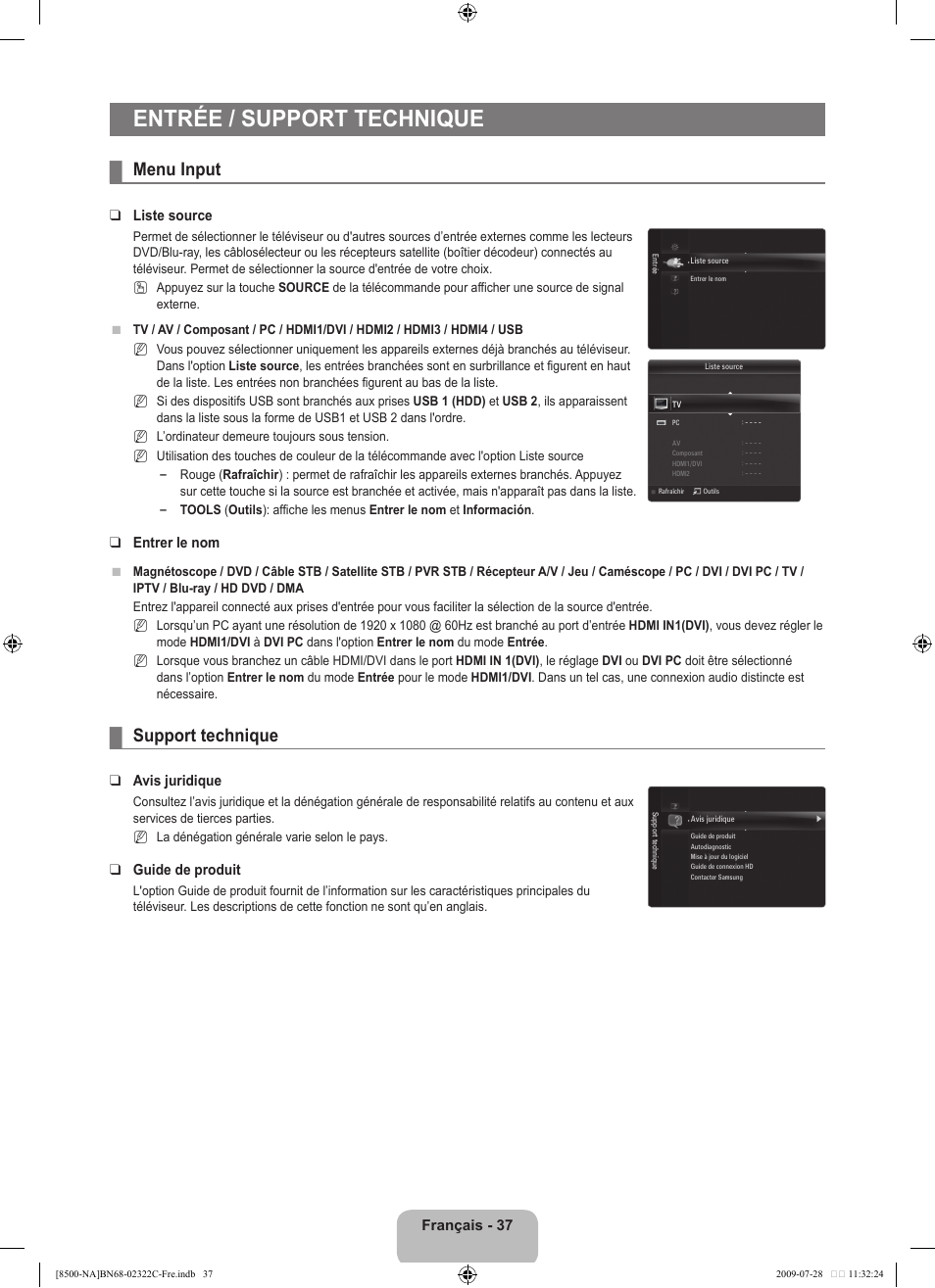 Entrée / support technique, Menu input, Support technique | Samsung 8500 User Manual | Page 241 / 296