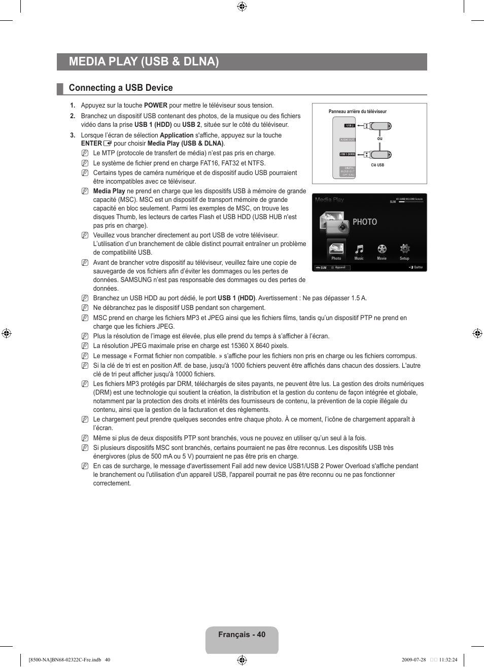 Media play (usb & dlna), Connecting a usb device, Photo | Samsung 8500 User Manual | Page 244 / 296