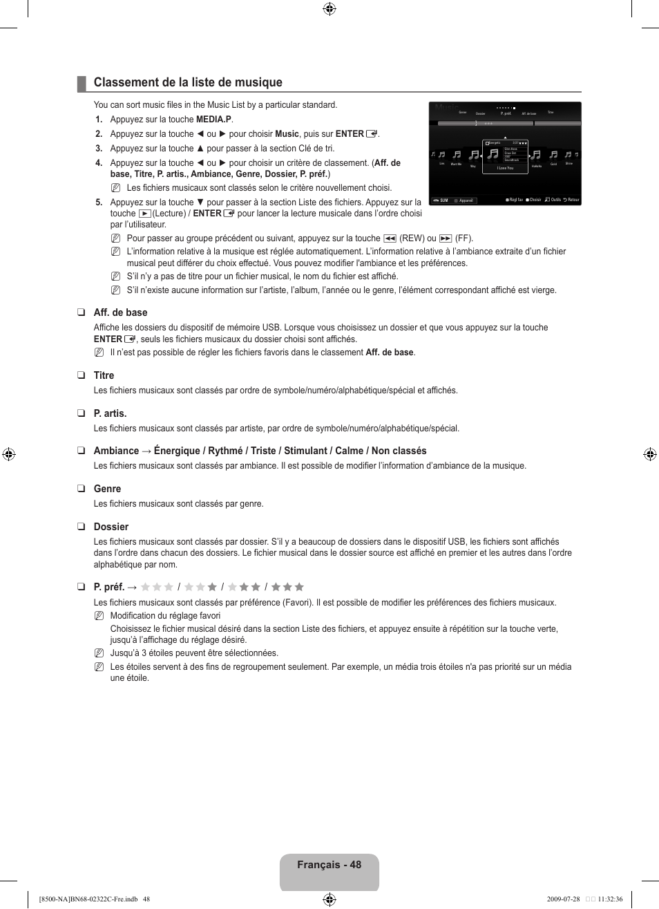 Classement de la liste de musique, Français - 48, Aff. de base | Titre, P. artis, Genre, Dossier, P. préf. → fff / ff f / f ff / fff | Samsung 8500 User Manual | Page 252 / 296