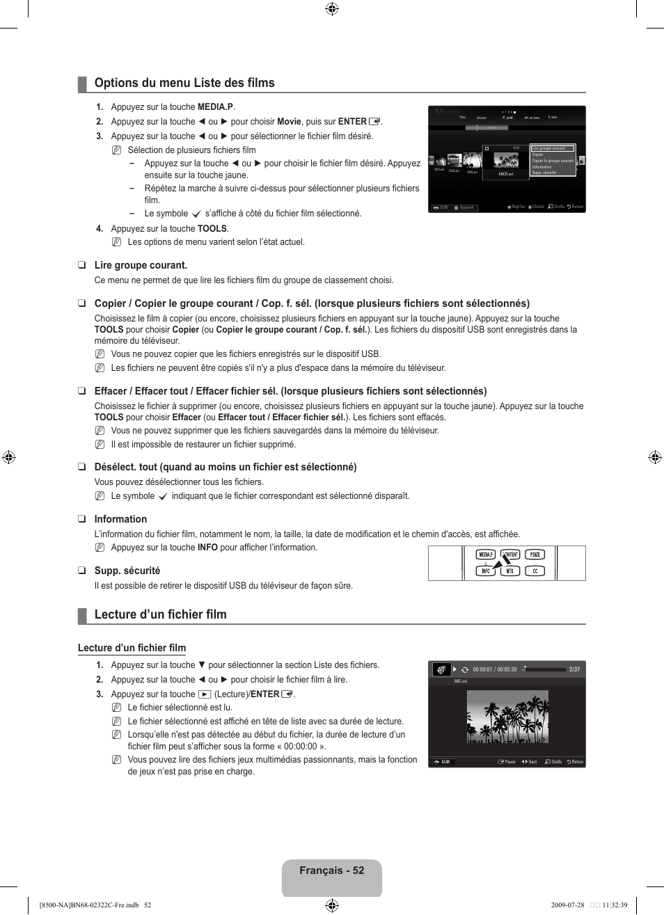 Options du menu liste des films, Lecture d’un fichier film, Français - 2 | Lire groupe courant, Information, Supp. sécurité | Samsung 8500 User Manual | Page 256 / 296