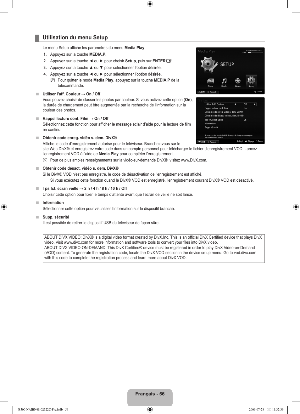 Utilisation du menu setup, Setup, Français - 6 | Samsung 8500 User Manual | Page 260 / 296