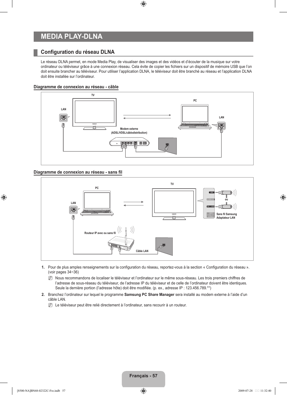 Media play-dlna, Configuration du réseau dlna | Samsung 8500 User Manual | Page 261 / 296