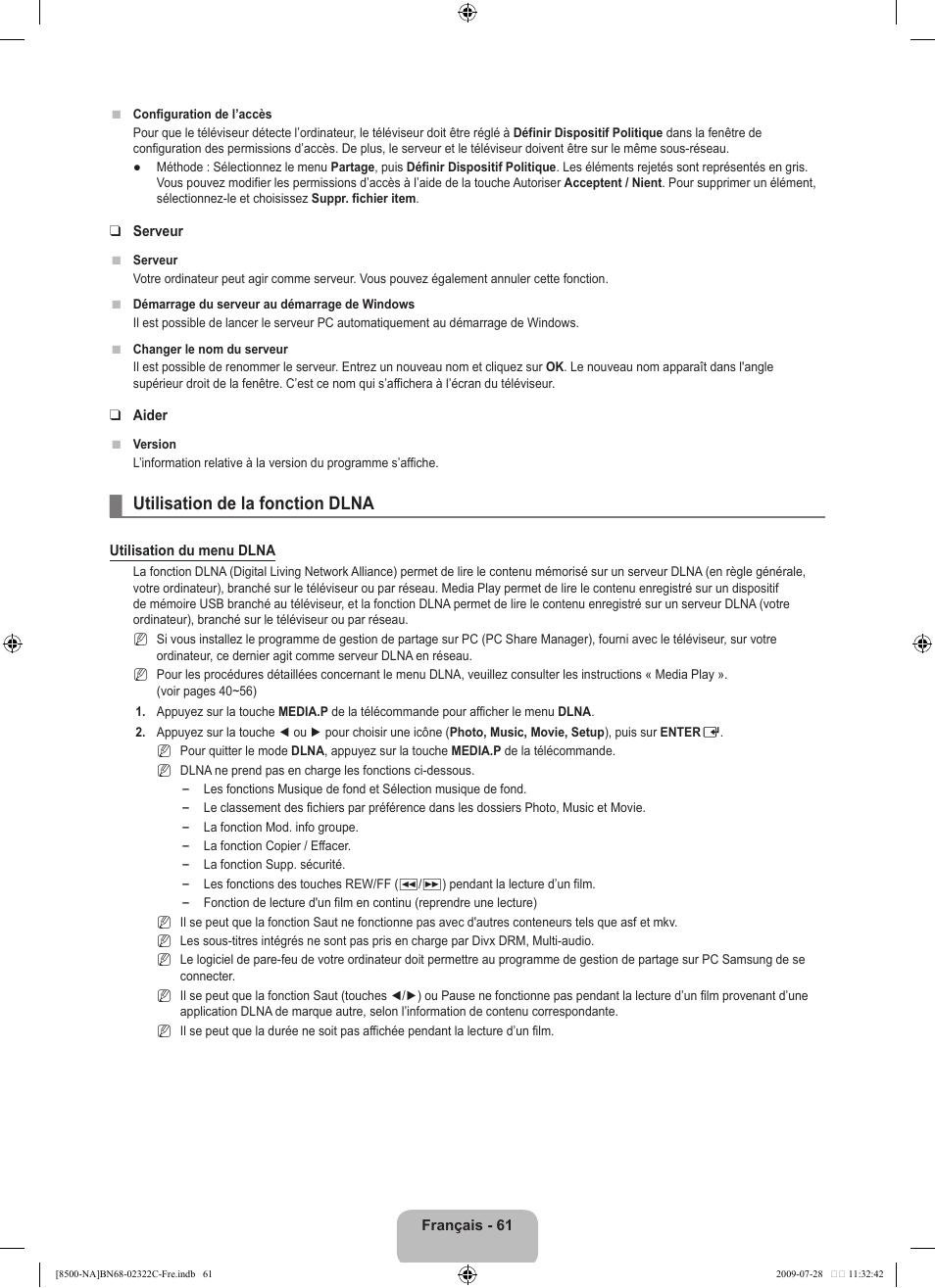 Utilisation de la fonction dlna | Samsung 8500 User Manual | Page 265 / 296
